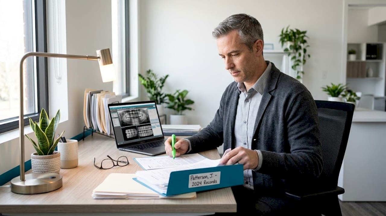 Man organizing dental records at kitchen table