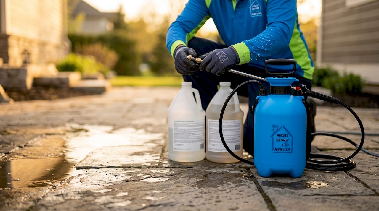 Soft washing chemicals and sprayer on porch