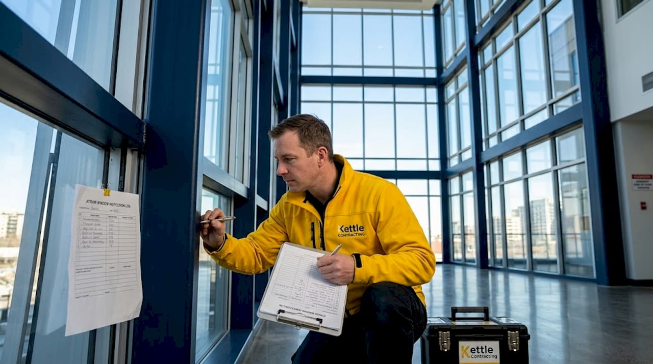 Supervisor inspecting window sealant in corridor