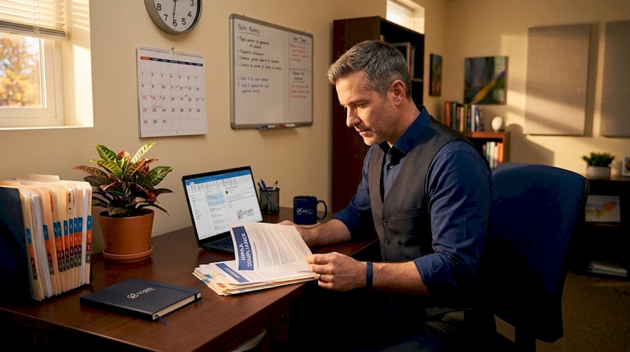 Clinic manager reviewing HIPAA compliance materials at desk