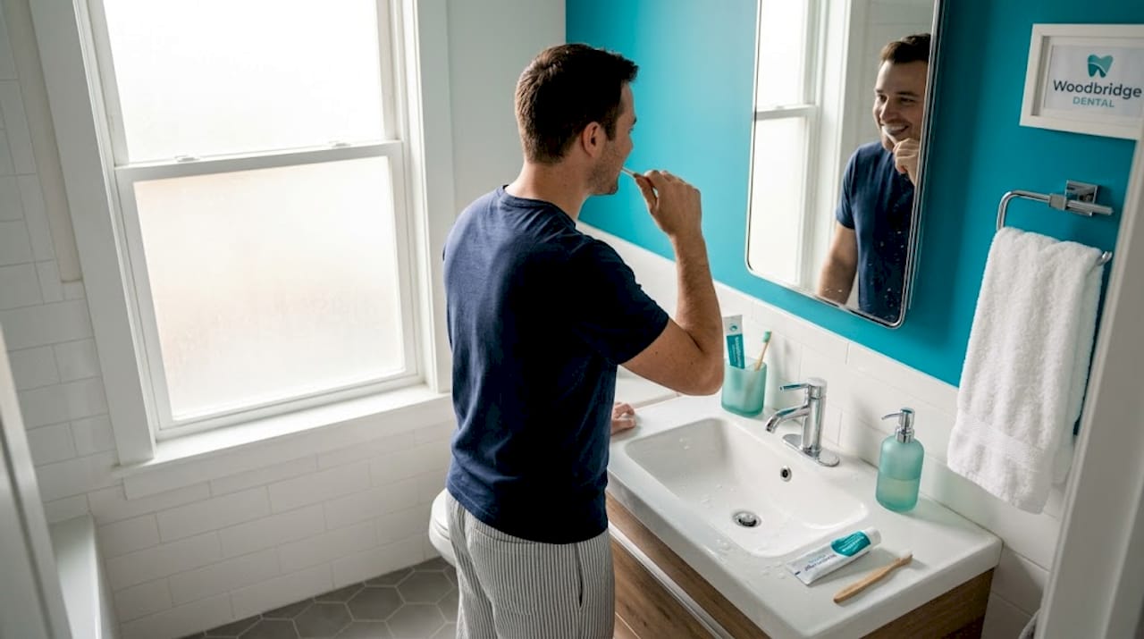 Man checking bright teeth in bathroom mirror