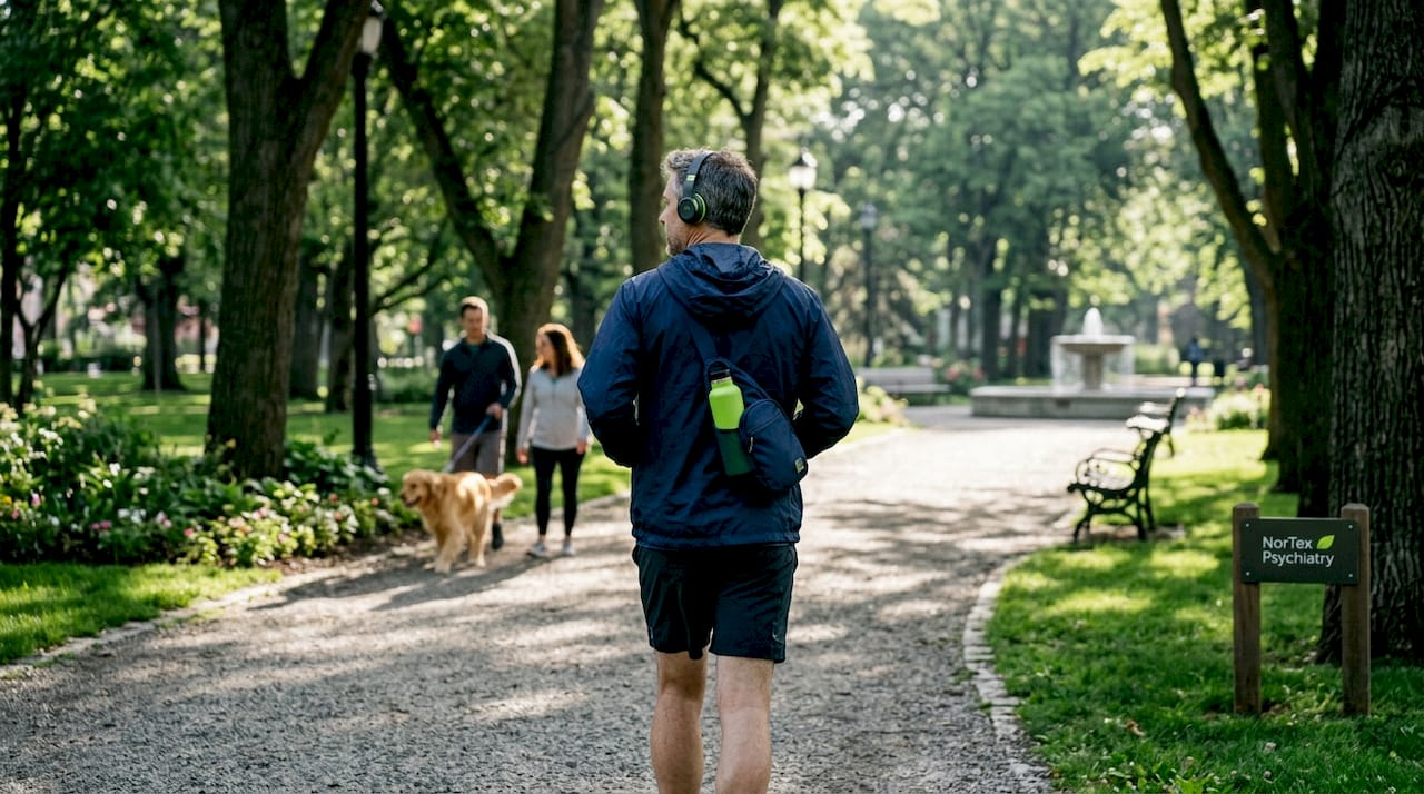 Man walking with headphones in sunny park