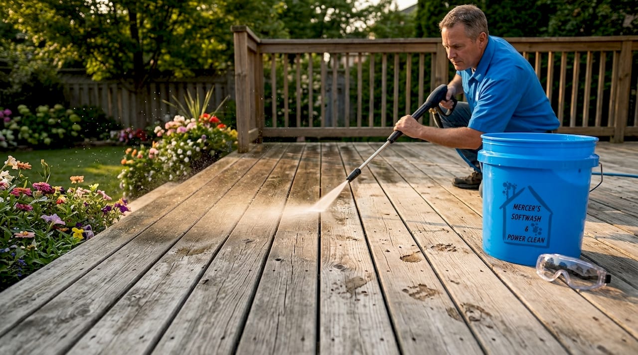 Man safely washing deck with pressure washer