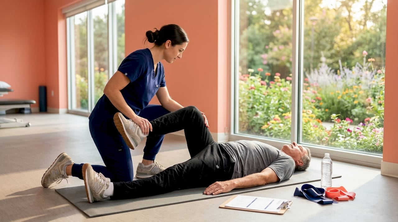 Physical therapist helps patient with mobility