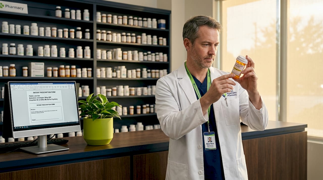 Pharmacist reviewing mood stabilizer prescription