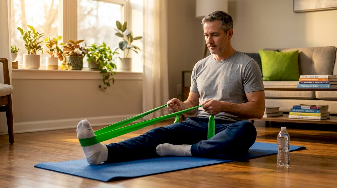 Man stretches in sunlit living room