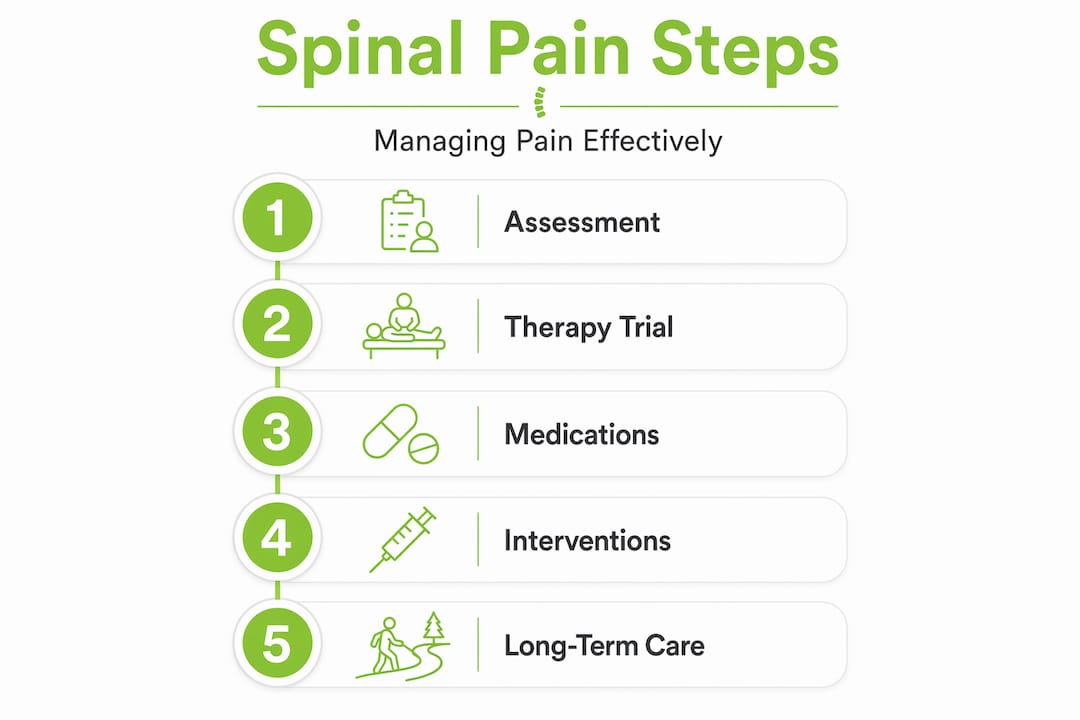 Infographic showing five spinal pain management steps