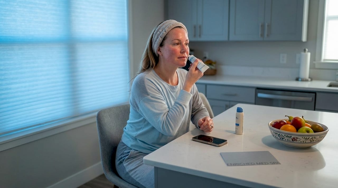 Woman practicing microneedling aftercare at home