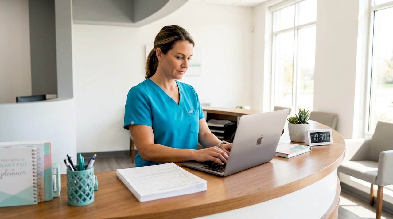 Dental receptionist updating scheduling computer