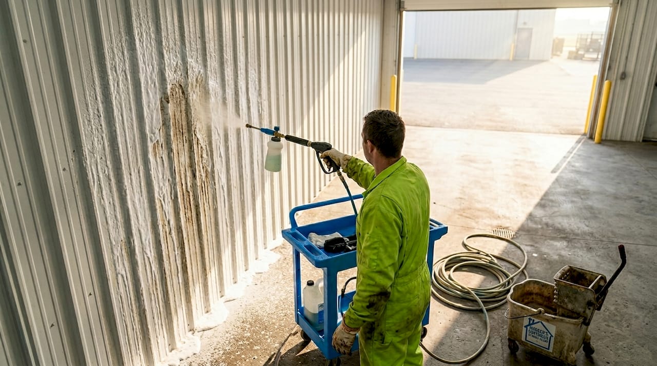 Technician applying foam detergent to facility wall