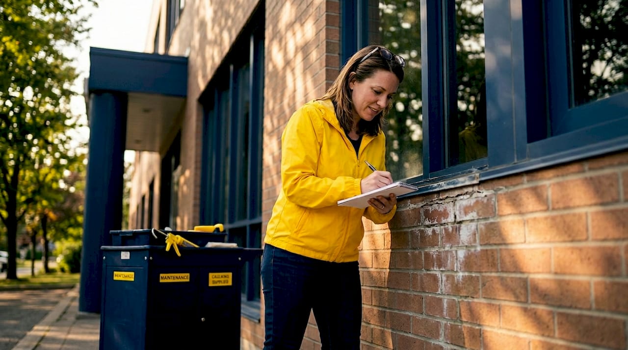 Manager inspecting window caulking condition