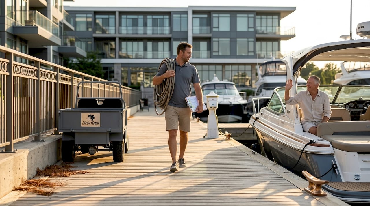 Dockhand on resort-standard marina boardwalk