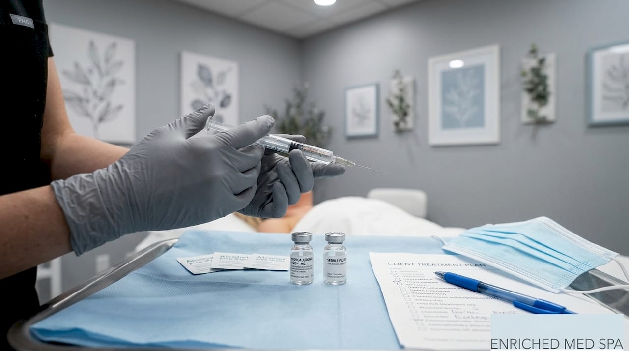 Gloved hands holding syringe above treatment tray