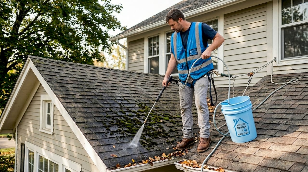 Professional cleaning shingle roof moss