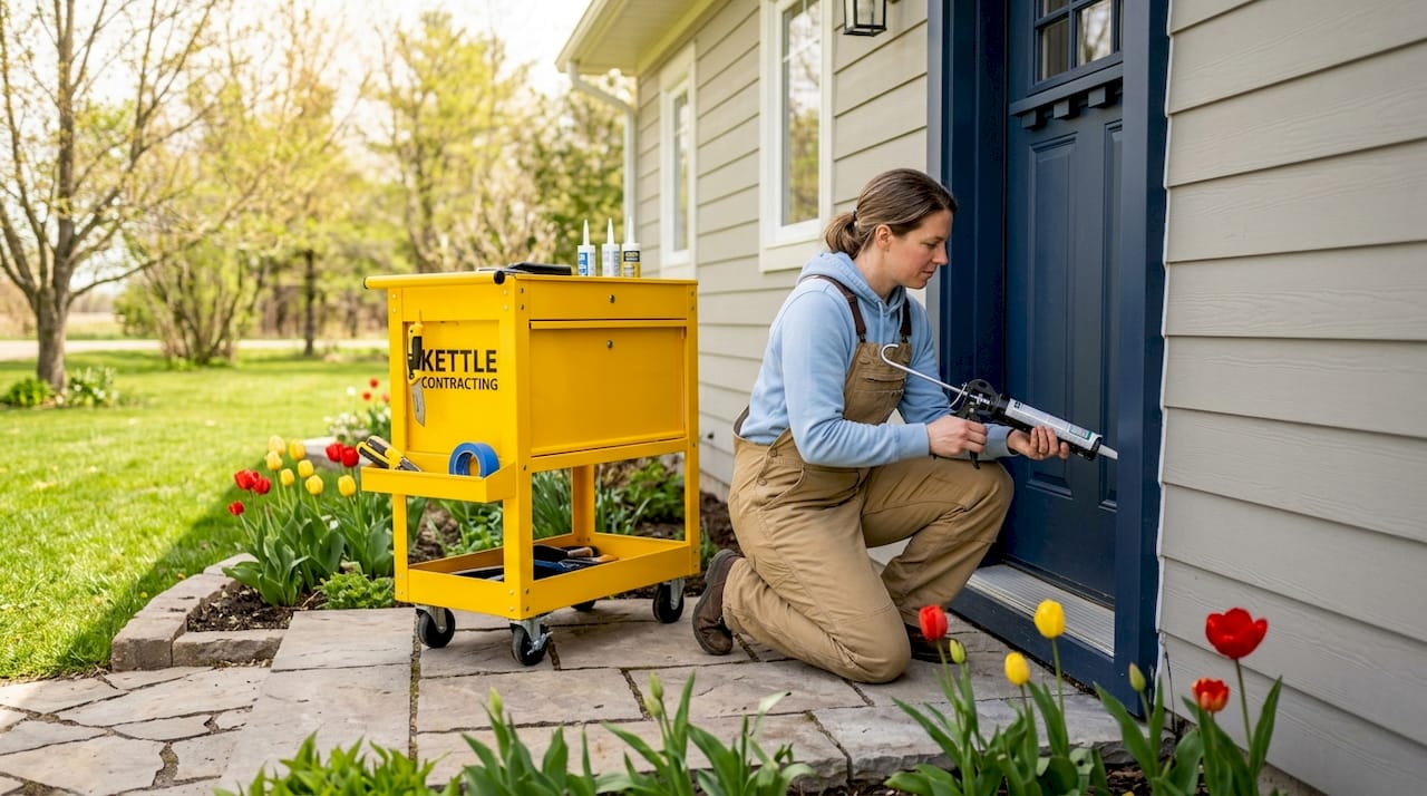 Applying fresh caulk to door trim in spring