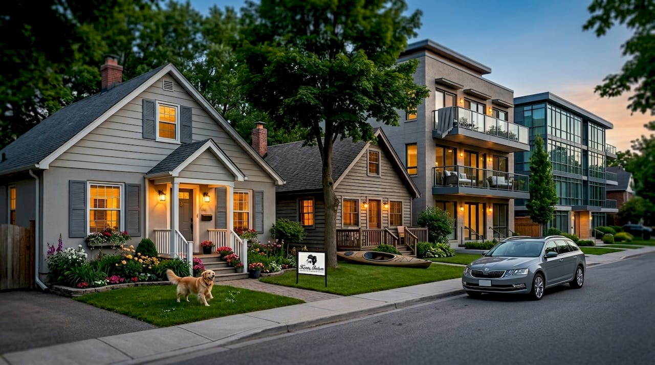 Suburban street showing varied rental property types
