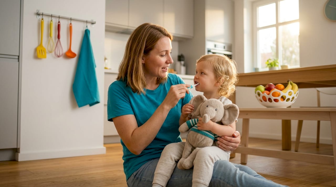 Parent calmly prepares toddler for dental care