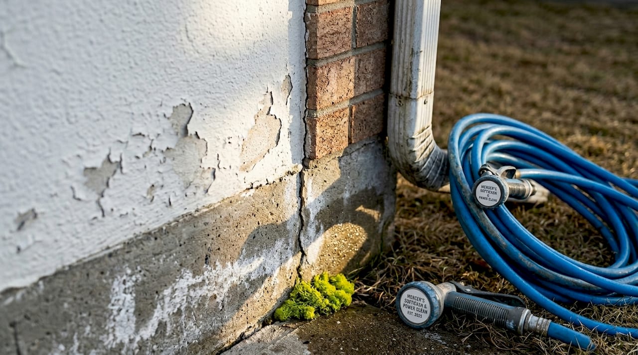 Close-up of freeze-thaw exterior foundation damage