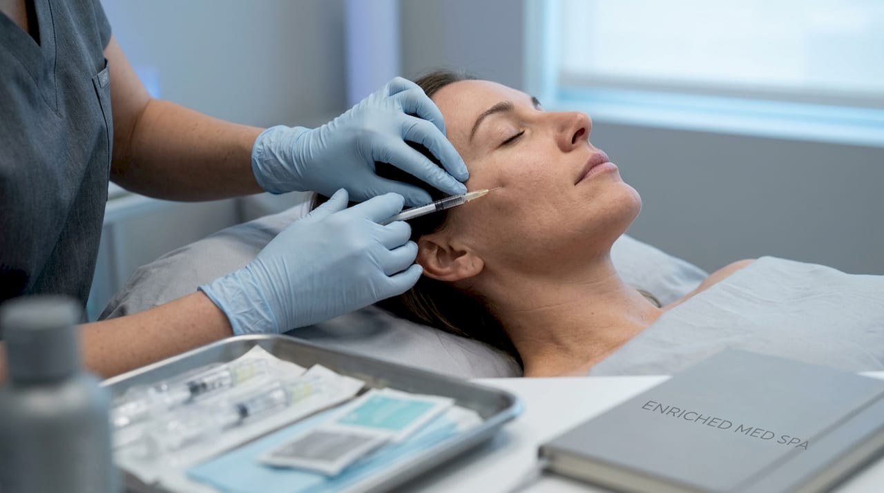 Hands performing dermal filler injection closeup