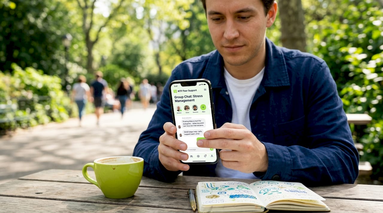 Person using digital mental health app in café