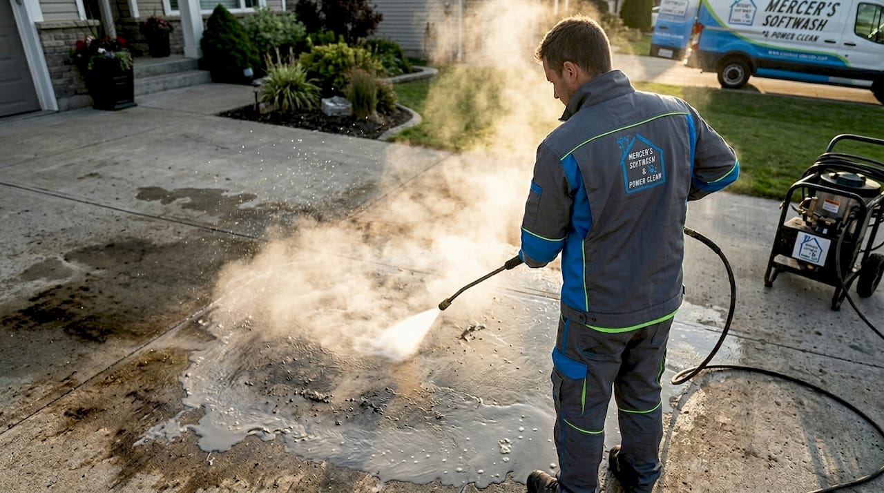 Hot water dissolving grease on concrete surface