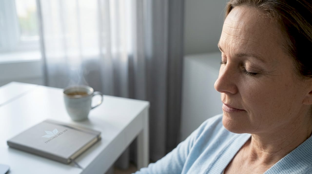 Close-up of woman's forehead wrinkles in natural light