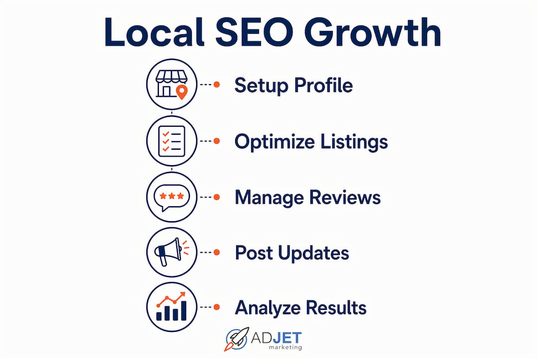 Infographic showing steps for local SEO growth