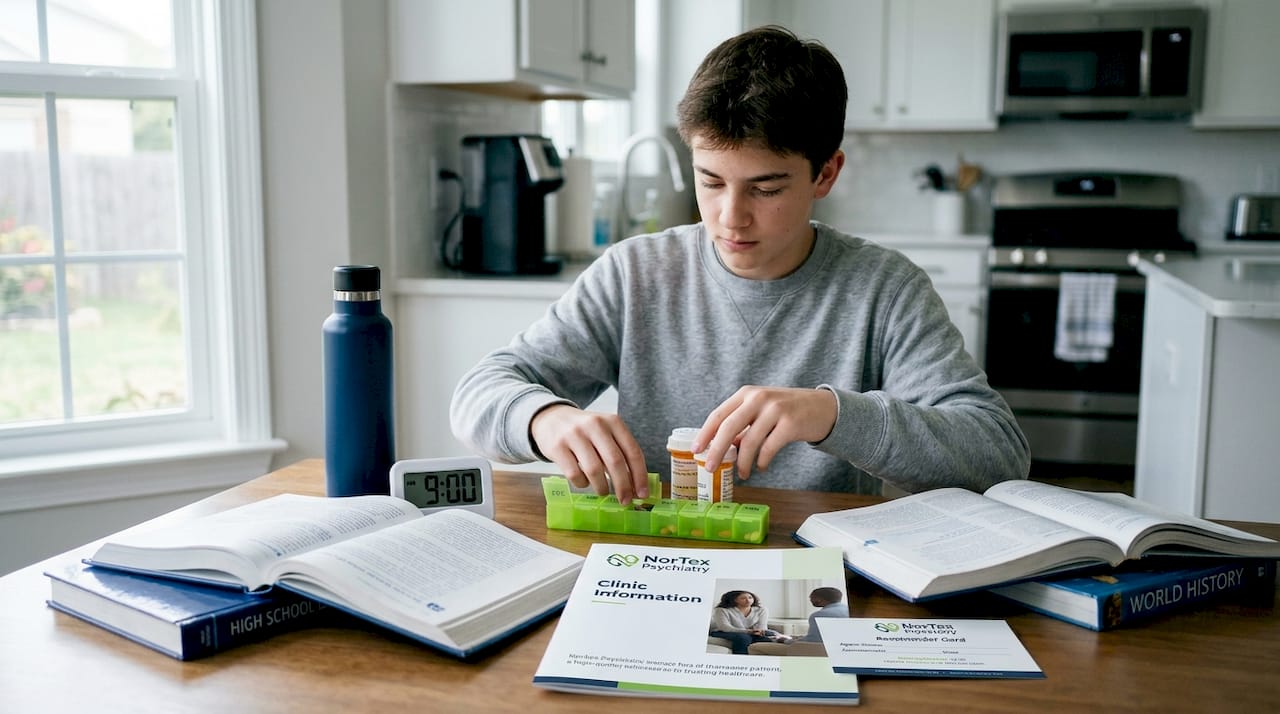 Teen boy organizing medications at desk