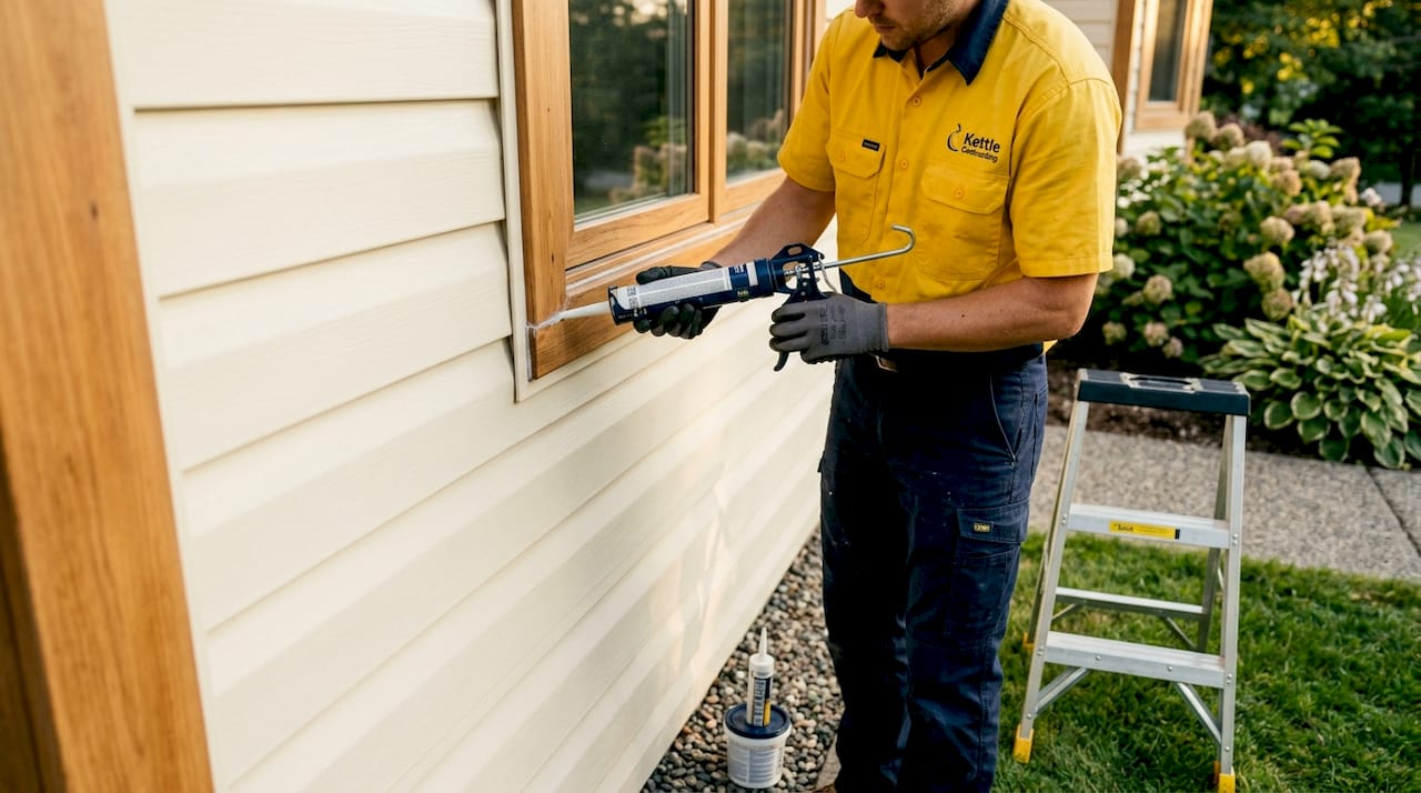 Applying sealant to window siding joint exterior