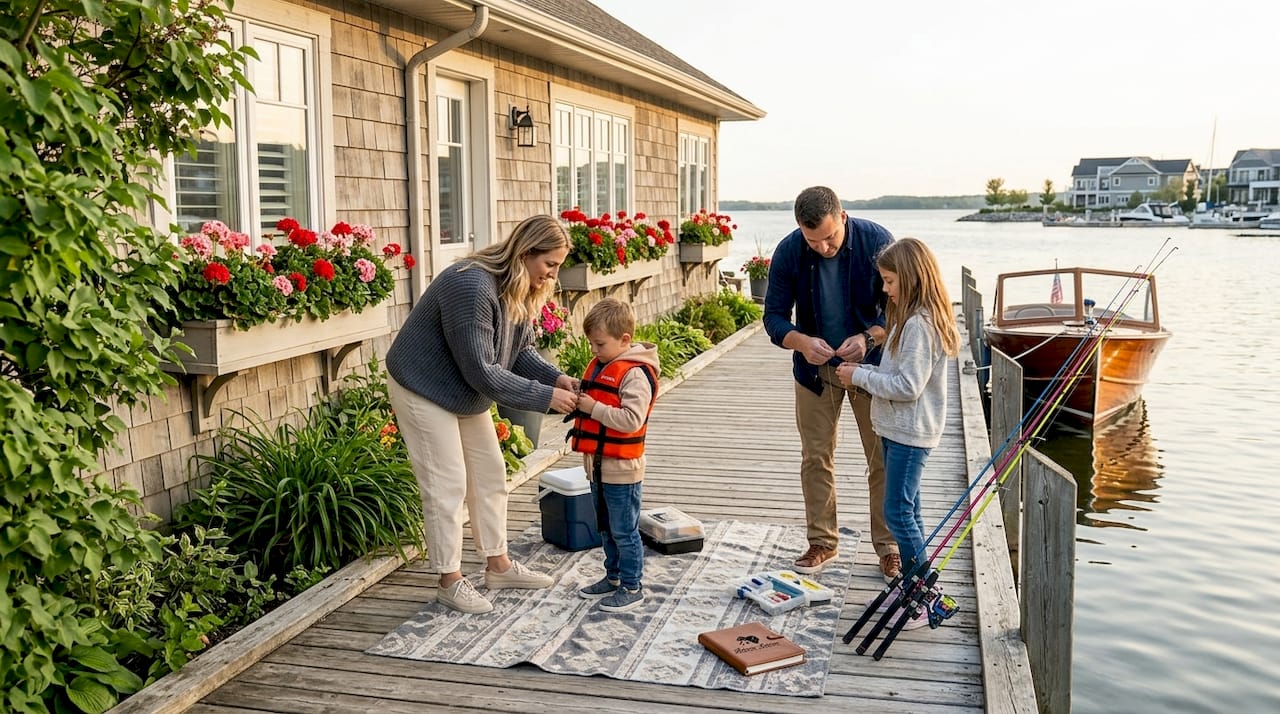 Family prepares fishing gear at waterfront cottage dock