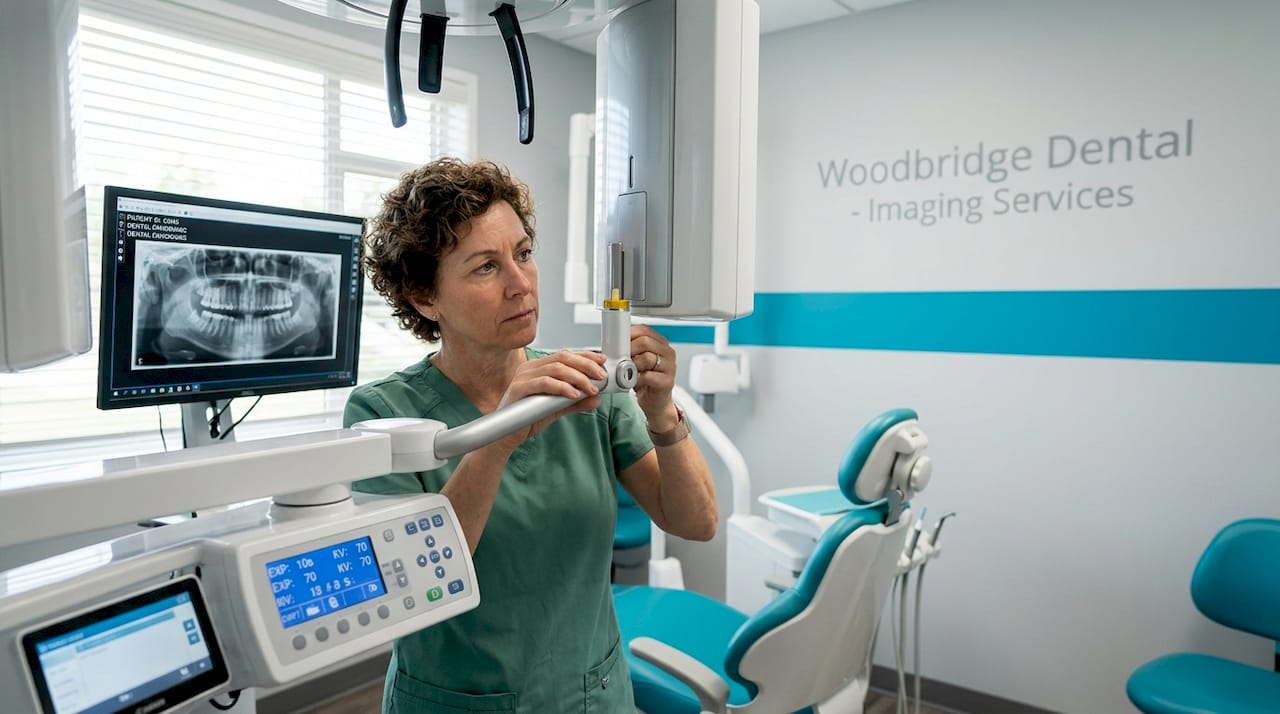 Dental technician operating X-ray machine