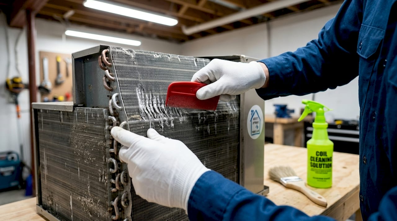 Hands cleaning and straightening HVAC condenser fins