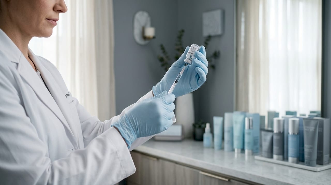 Hands preparing injectable in med spa