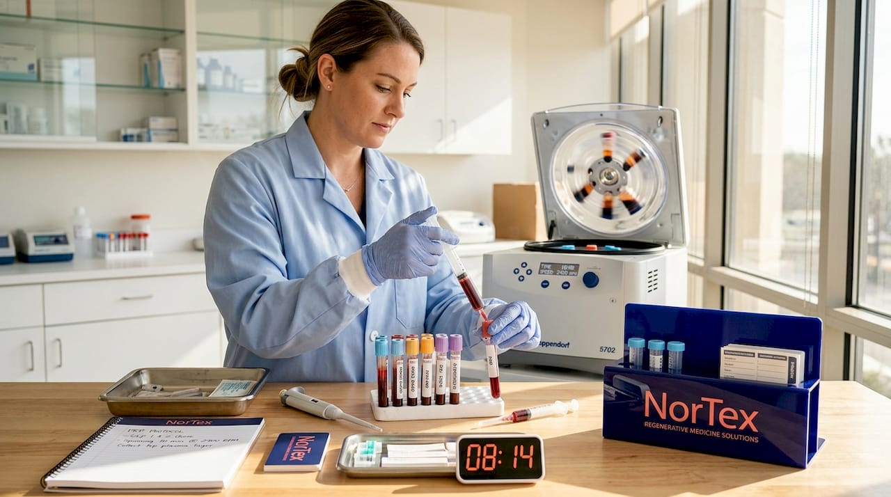 Technician preparing PRP sample with centrifuge machine