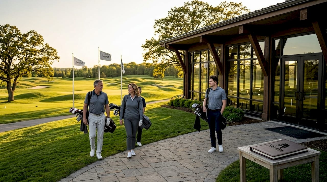 Golf clubhouse with players arriving
