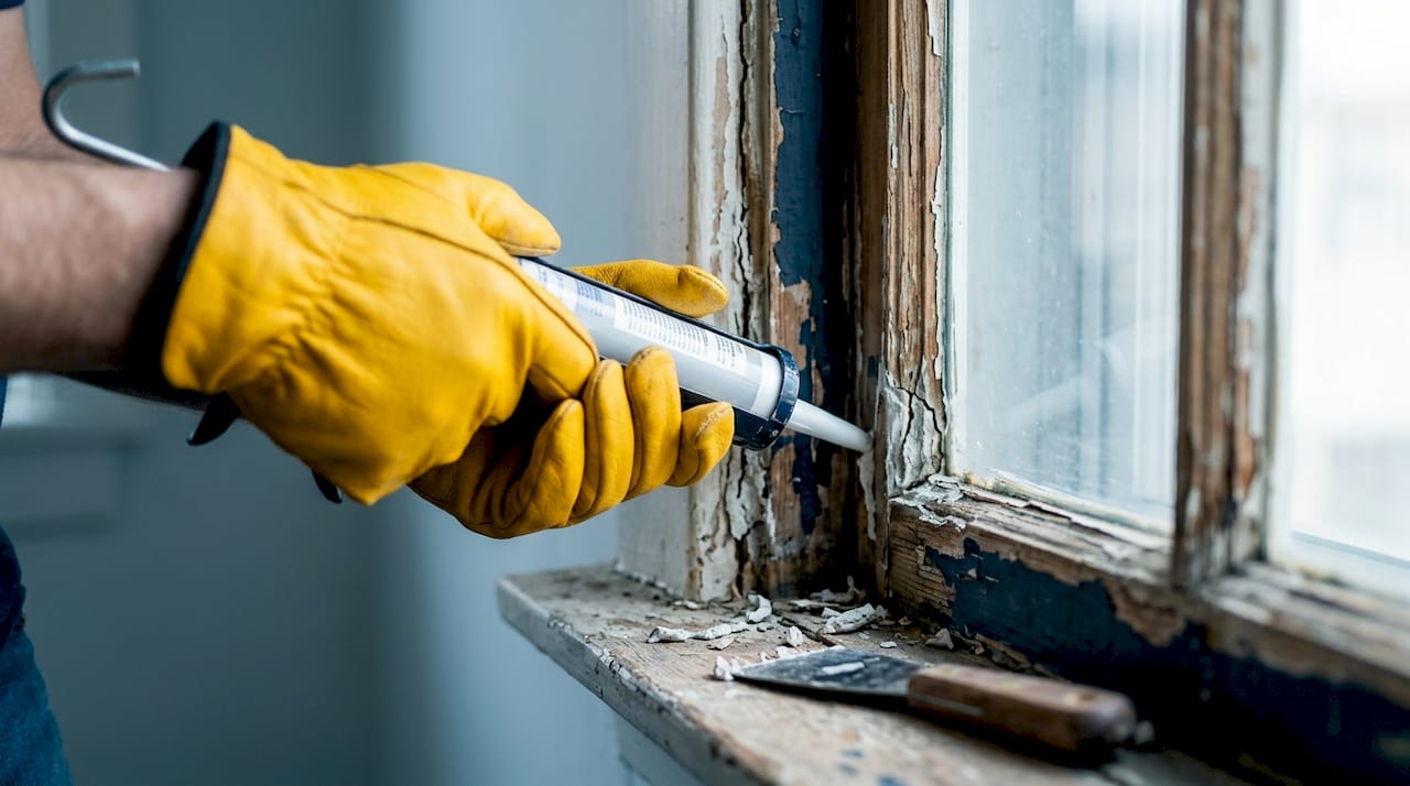Close-up of window frame with cracking old caulk and new caulking ready