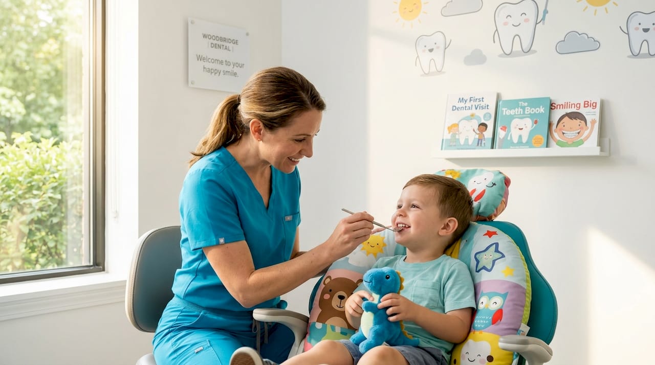 Pediatric dentist giving gentle dental exam to child