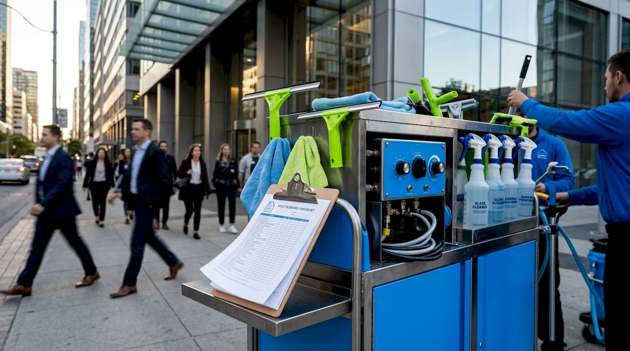 Professional window cleaning tools on mobile cart
