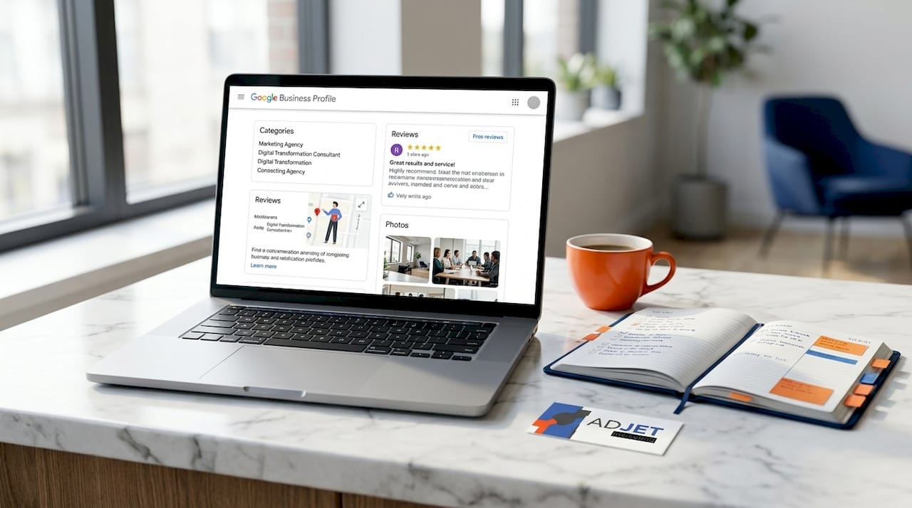 Laptop displaying Google Business Profile dashboard
