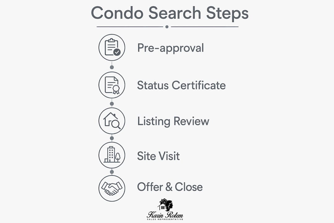 Infographic outlining 5 steps of Friday Harbour condo search