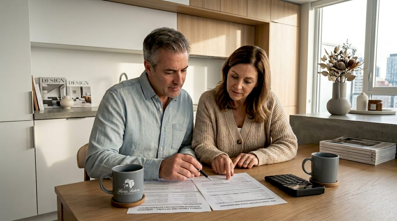 Couple reviewing condo finances at kitchen table