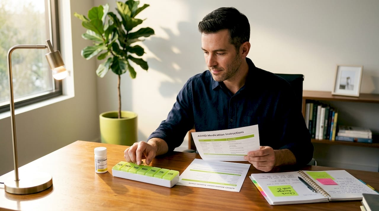 Man organizing ADHD medication and notes