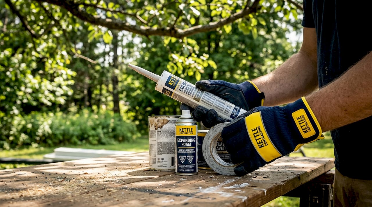 Close-up of exterior sealing materials in hands