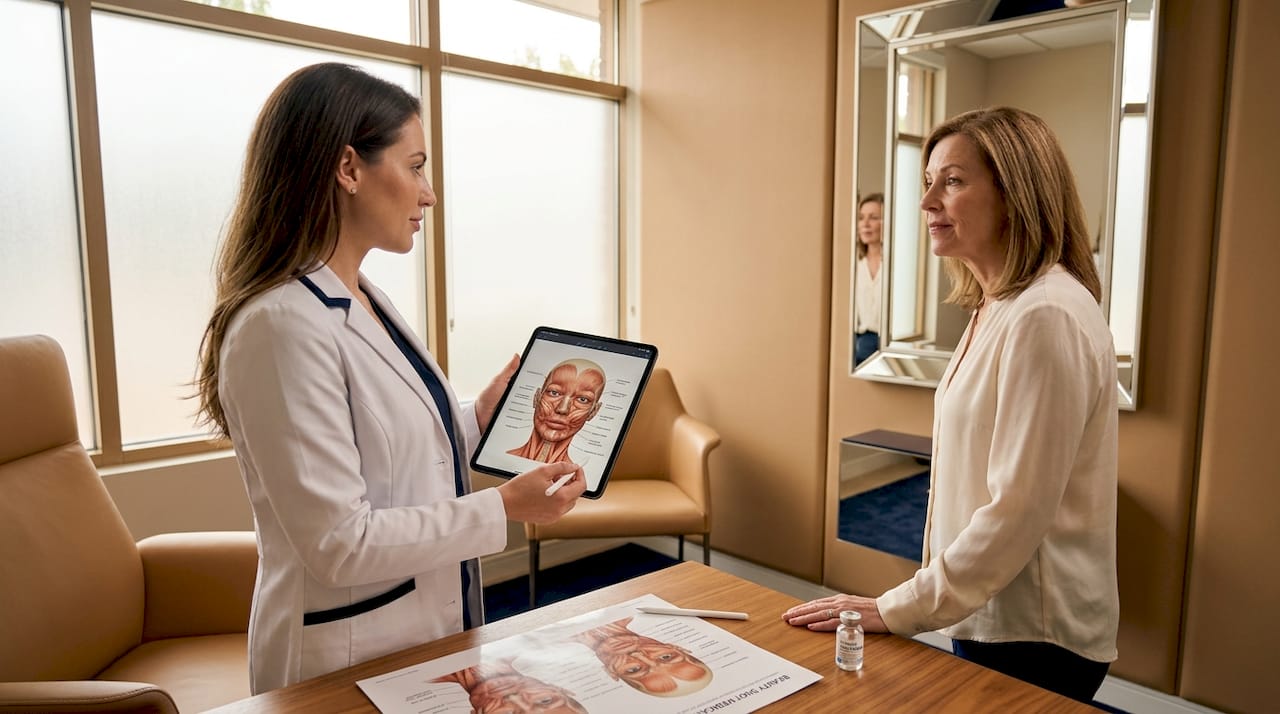 Practitioner consulting patient on Botox dose and placement