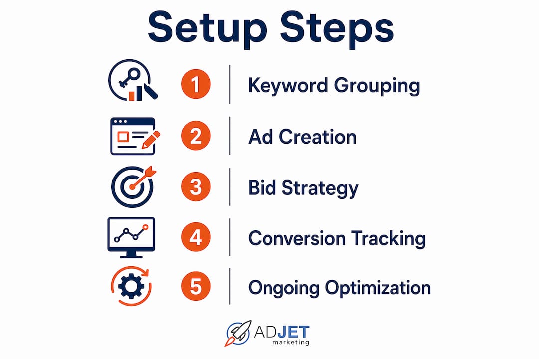 Infographic illustrating steps to set up Google Ads campaign