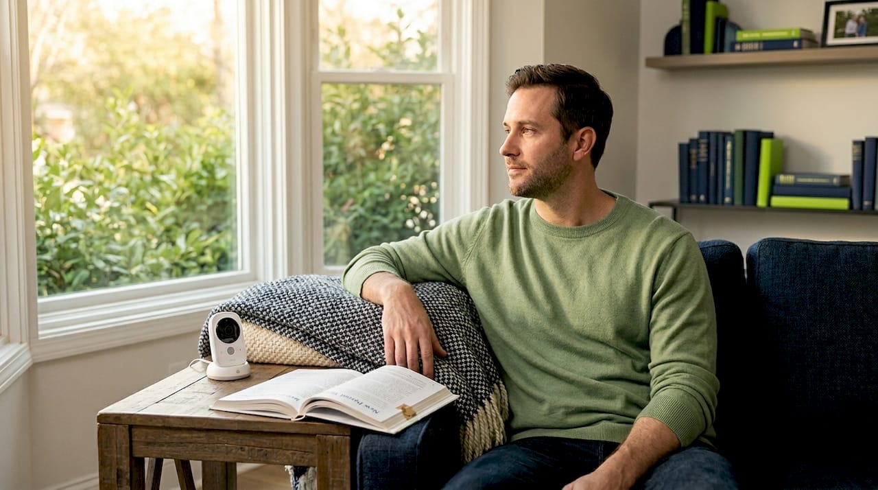 Thoughtful father on sofa near baby monitor