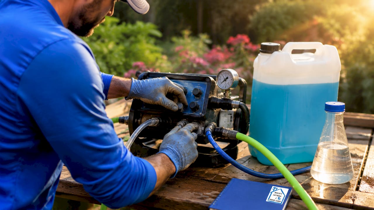 Hands setting soft wash chemical equipment controls