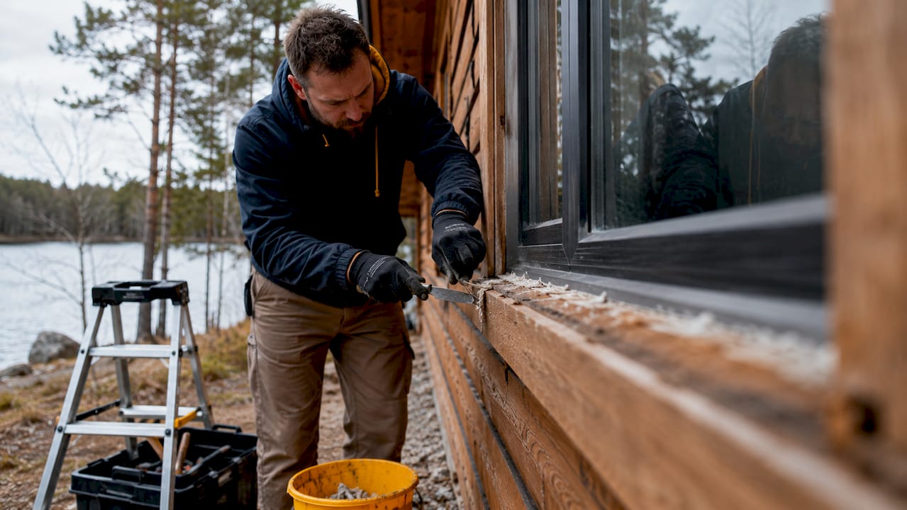 Close-up of hands removing failed window caulk