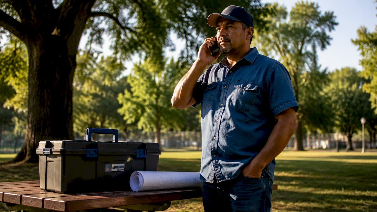 Roofing contractor making call outdoors