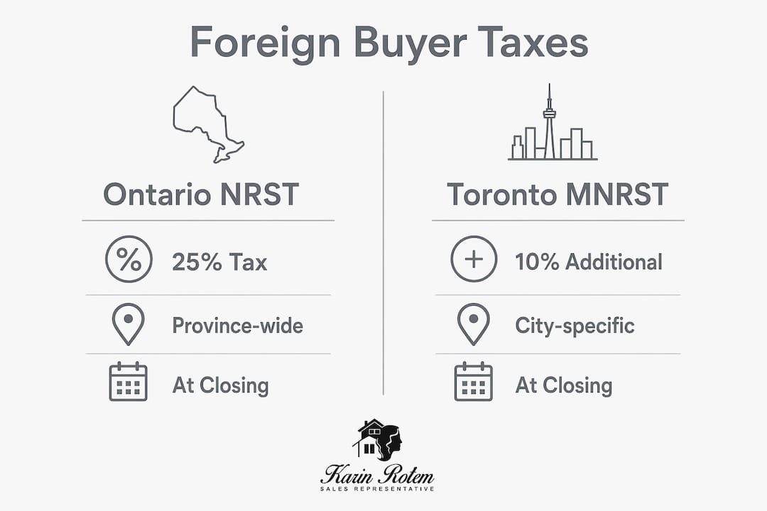 Split infographic comparing Ontario NRST and Toronto MNRST taxes